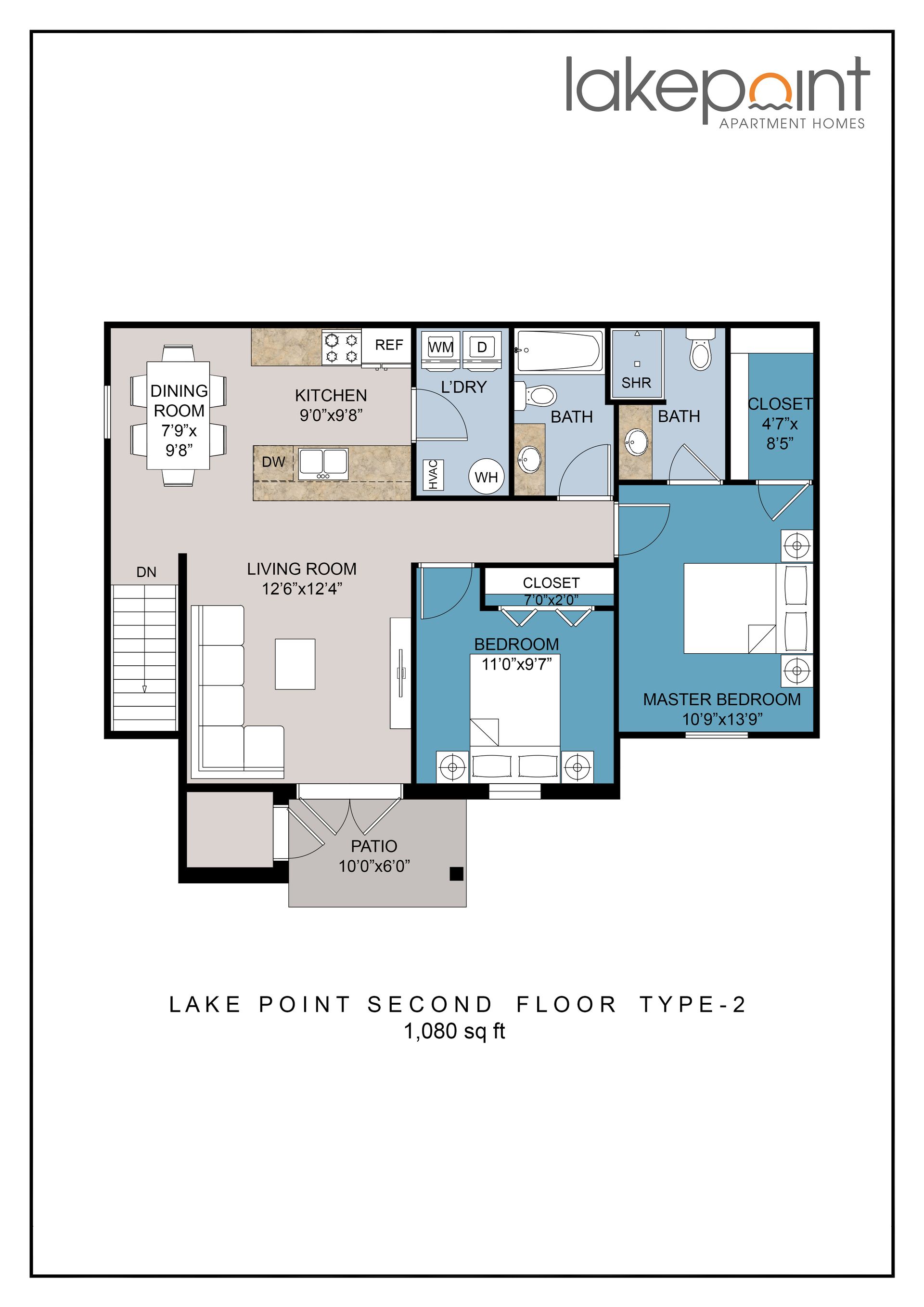 Floor plan of Lake Point Apartments, second floor, type 2, showing rooms layout with dimensions.