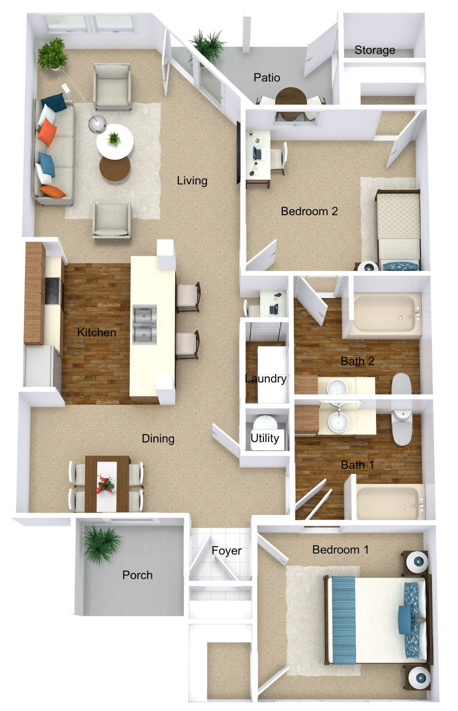 Floor plan of a two-bedroom apartment. Includes kitchen, dining, living room, laundry, and two bathrooms.