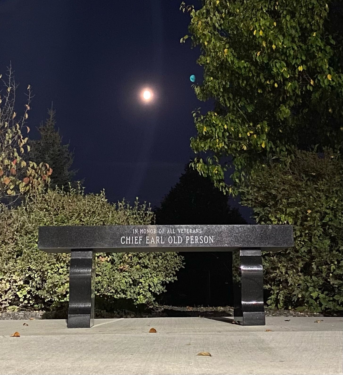 A black bench with the name chief earl old pearson on it