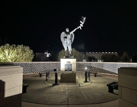 A statue of a man holding a bird is lit up at night.