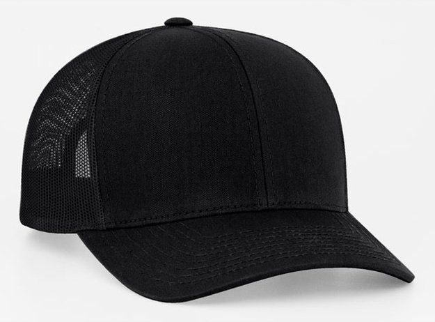 Black trucker hat with a curved brim and mesh back.