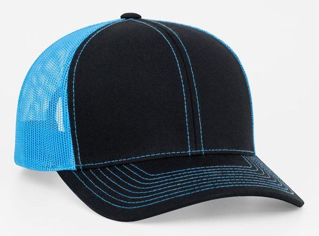 Black trucker hat with blue mesh backing and stitching.