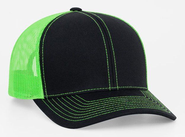 Black trucker hat with neon green mesh back and stitching.