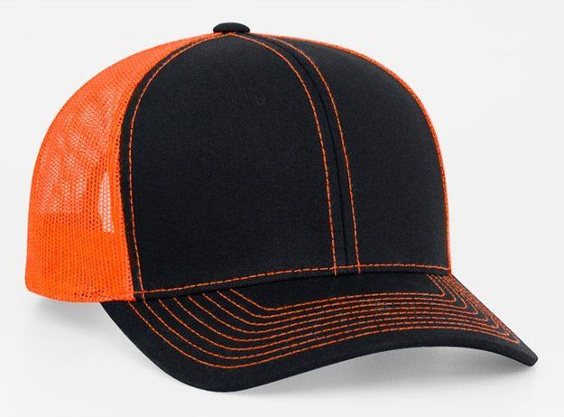 Black and orange trucker hat with mesh back.