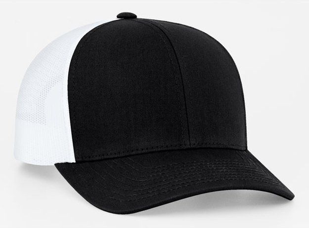 Black and white trucker hat. Black front panels, bill, and button with white mesh back.