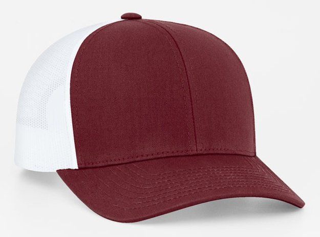 Maroon and white trucker hat.