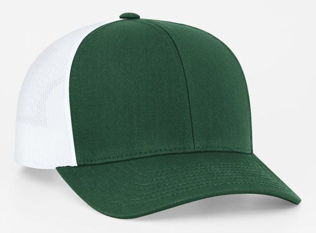 Green and white baseball cap with mesh backing.