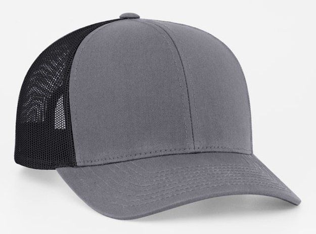 Gray and black trucker hat with a curved brim.