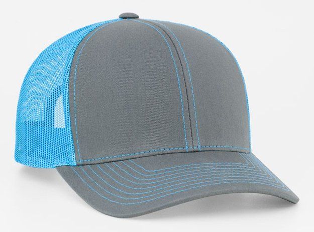 Gray and blue trucker hat with a curved brim.