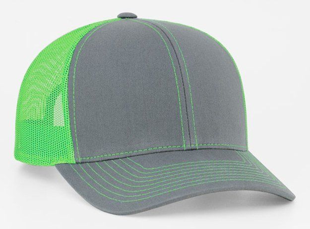 Gray trucker hat with neon green mesh back and stitching.