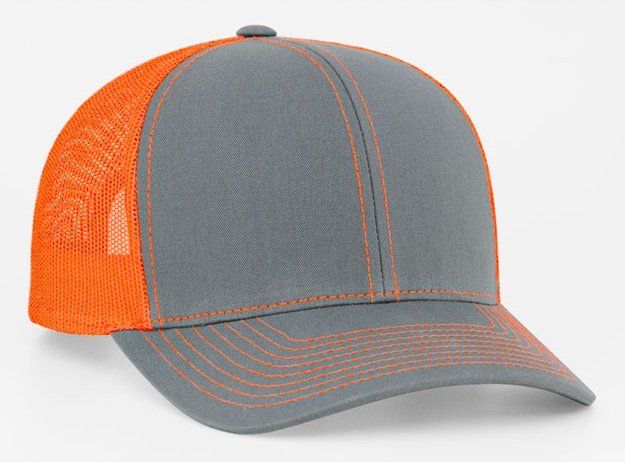 Gray and orange trucker hat with mesh back.