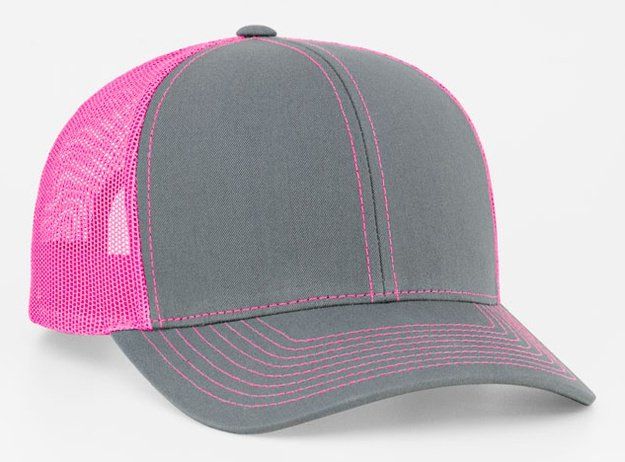 Gray trucker hat with pink mesh back and pink stitching.