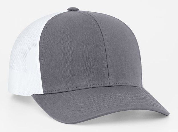Gray and white trucker hat with a curved brim.