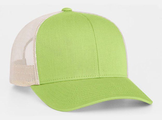 Lime green and beige mesh trucker hat.