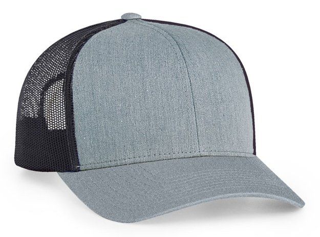 Grey and black trucker hat with a curved brim.