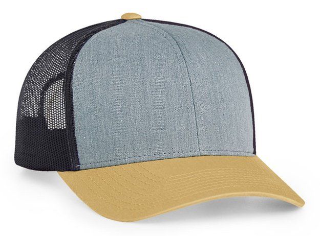 Blue and tan trucker hat with black mesh back.