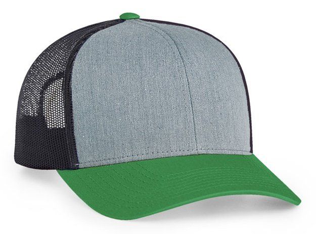 Gray, green, and black trucker hat.