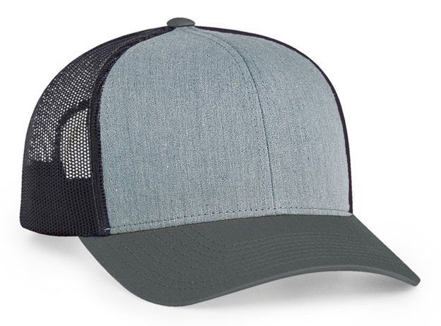 Gray and black trucker hat with a textured front panel and mesh back.