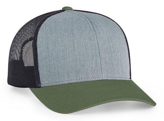 Gray and green trucker hat with black mesh backing.