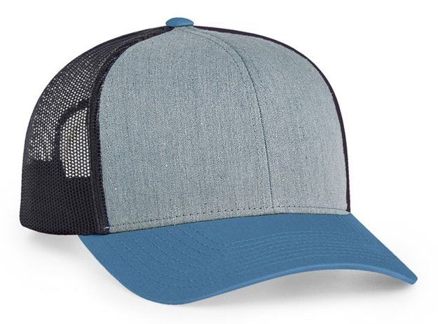 Blue and gray trucker hat with mesh back.
