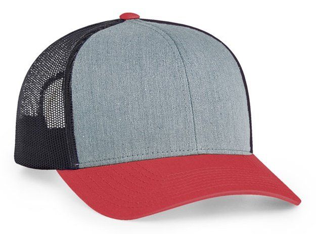 Gray and red trucker hat with a black mesh back.
