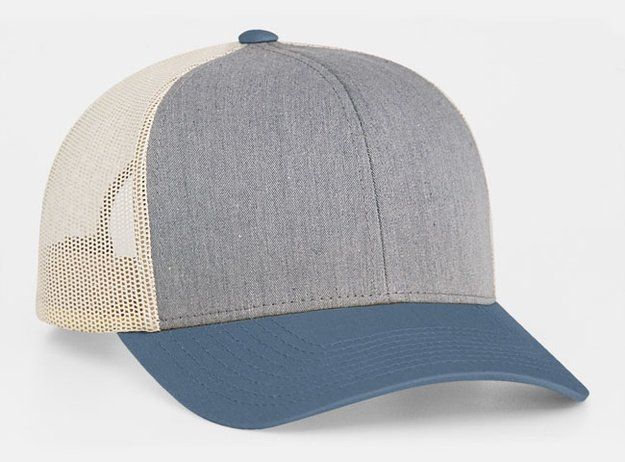 Gray and blue trucker hat with beige mesh back.