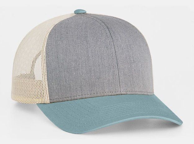 Gray and blue trucker hat with tan mesh backing.