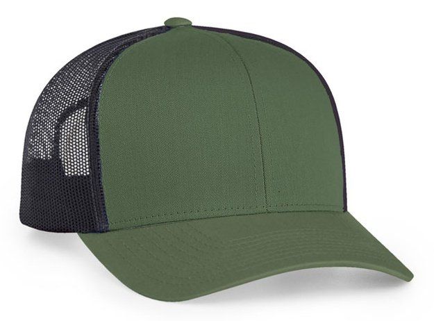 Green and black trucker hat with mesh back and curved brim.