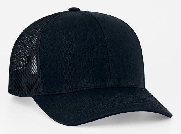 Black trucker hat with a curved brim and mesh back.