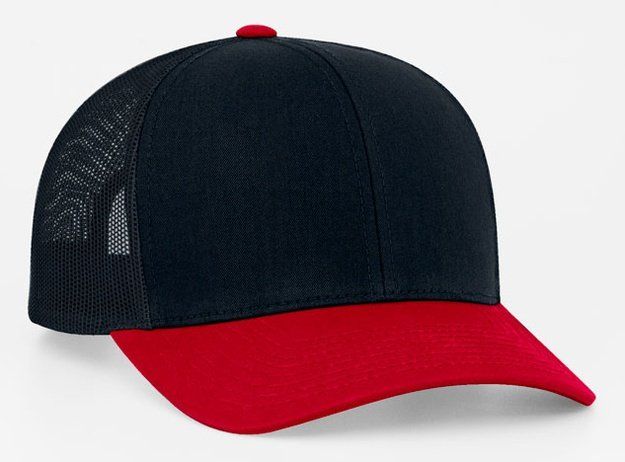 Black trucker hat with red brim and top button.