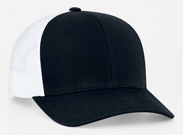 Black and white trucker hat. Black front and brim, white mesh back.
