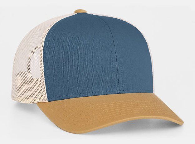 Blue and tan trucker hat.