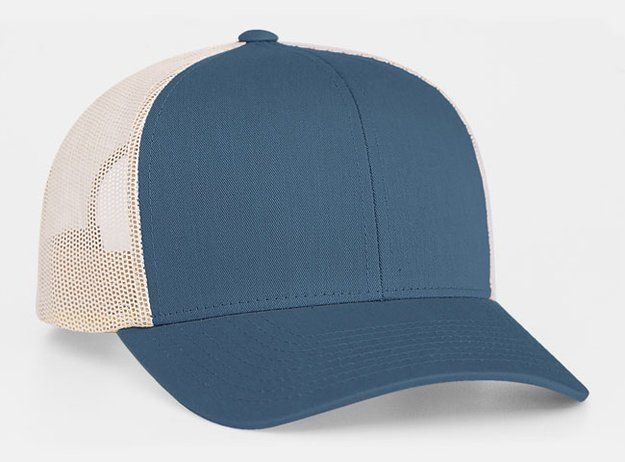 Blue and tan trucker hat.