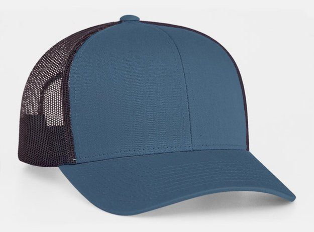 Blue and black mesh-back trucker hat.