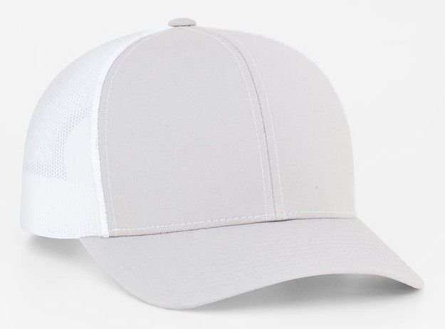 Gray and white trucker hat.