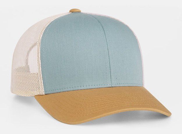 Blue and tan trucker hat with beige mesh backing.