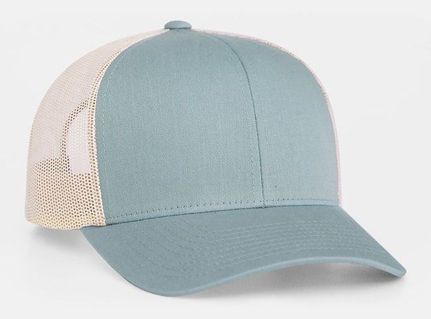 Blue and beige trucker hat.