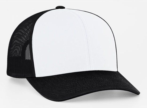 Black and white trucker hat with a white front panel and black mesh back.