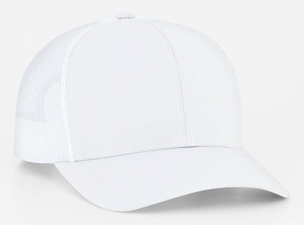 White baseball cap with a curved brim and mesh back.
