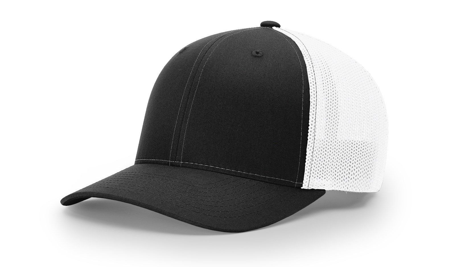Black and white trucker hat. Black front panels and brim, white mesh back.