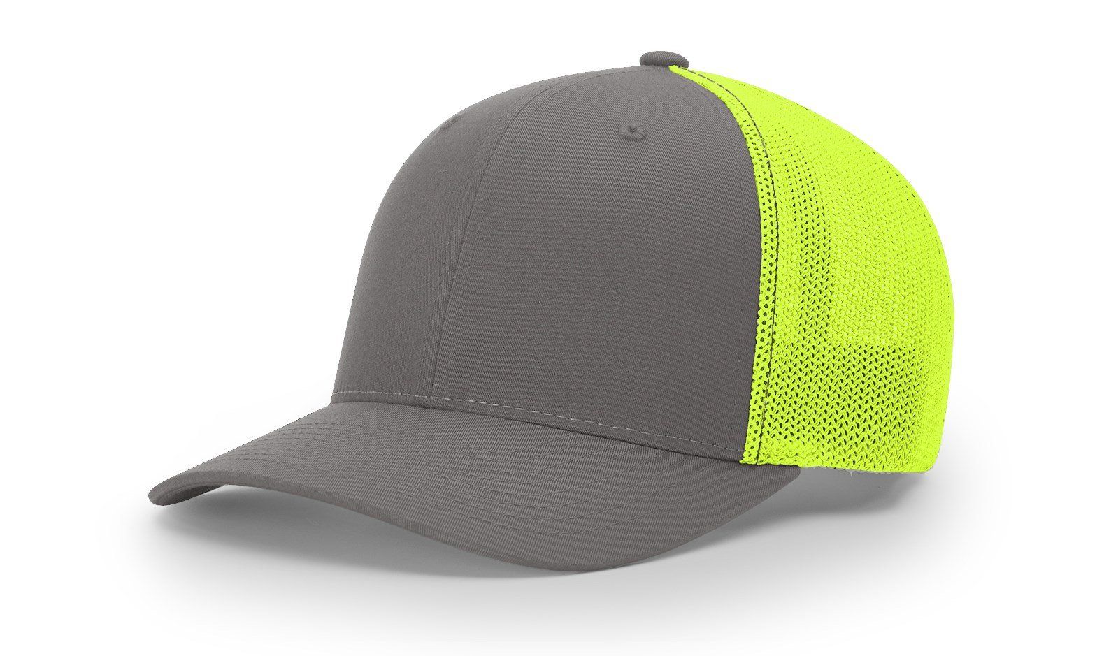 Gray and neon yellow trucker hat on a white background.