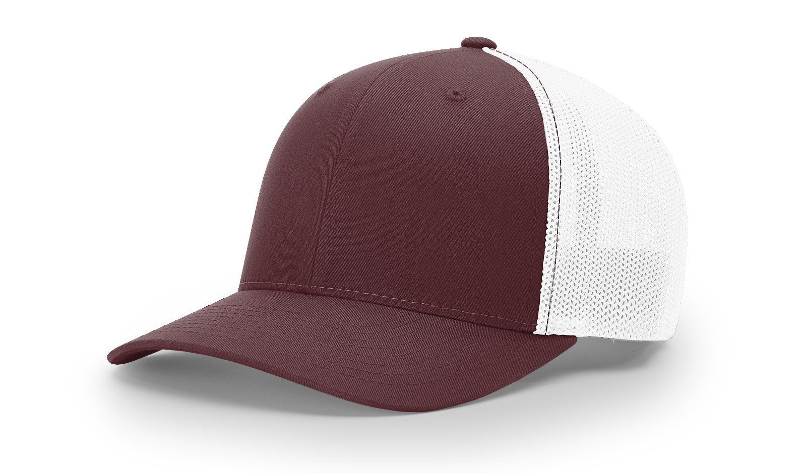 Maroon and white trucker hat.