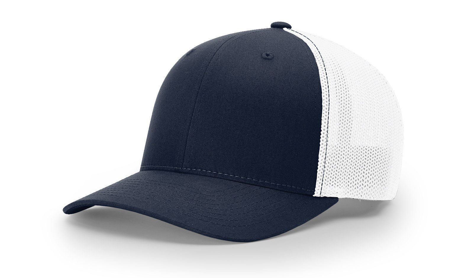 Navy blue and white trucker hat.