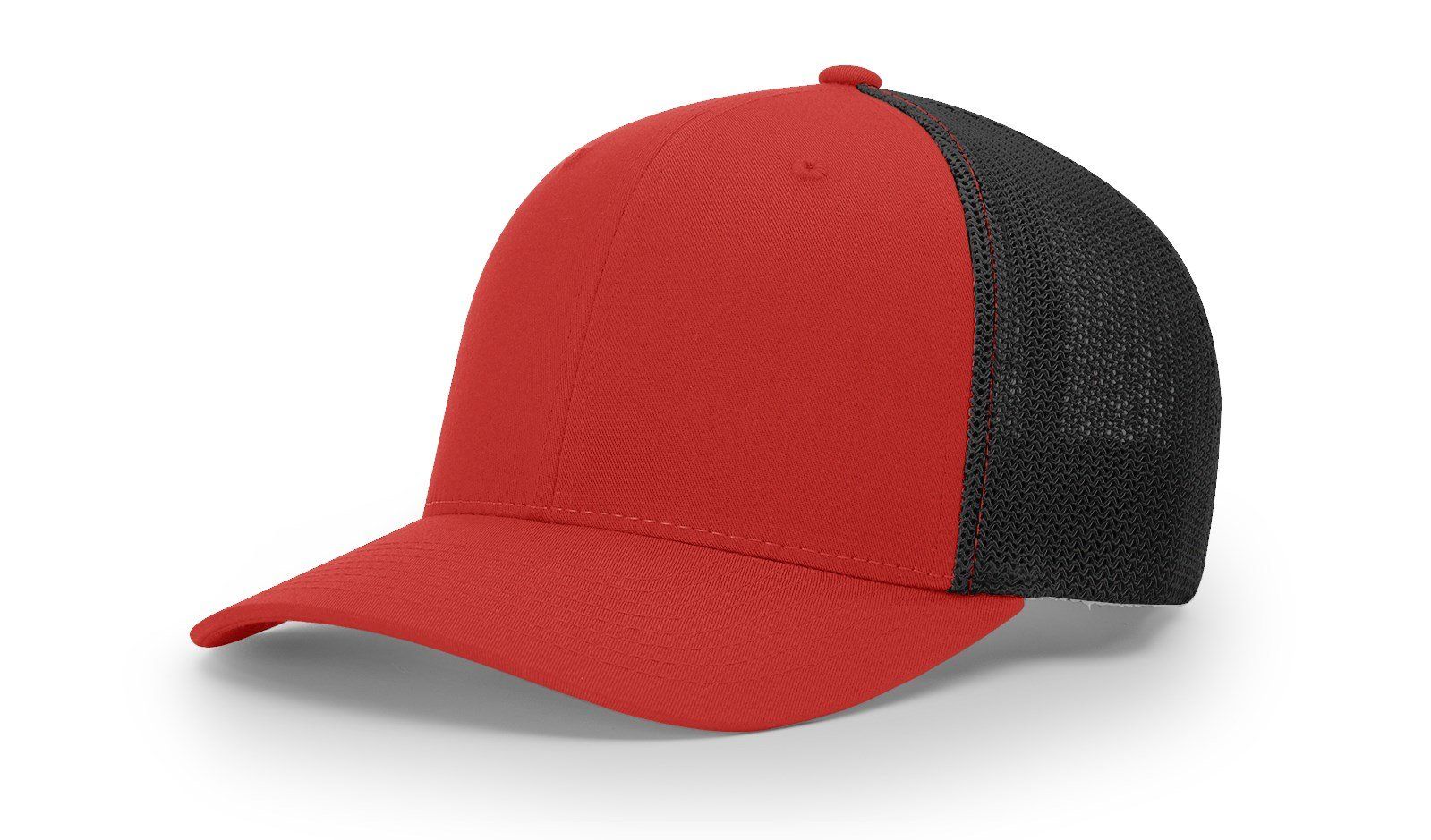 Red and black baseball cap with mesh back, angled on white background.