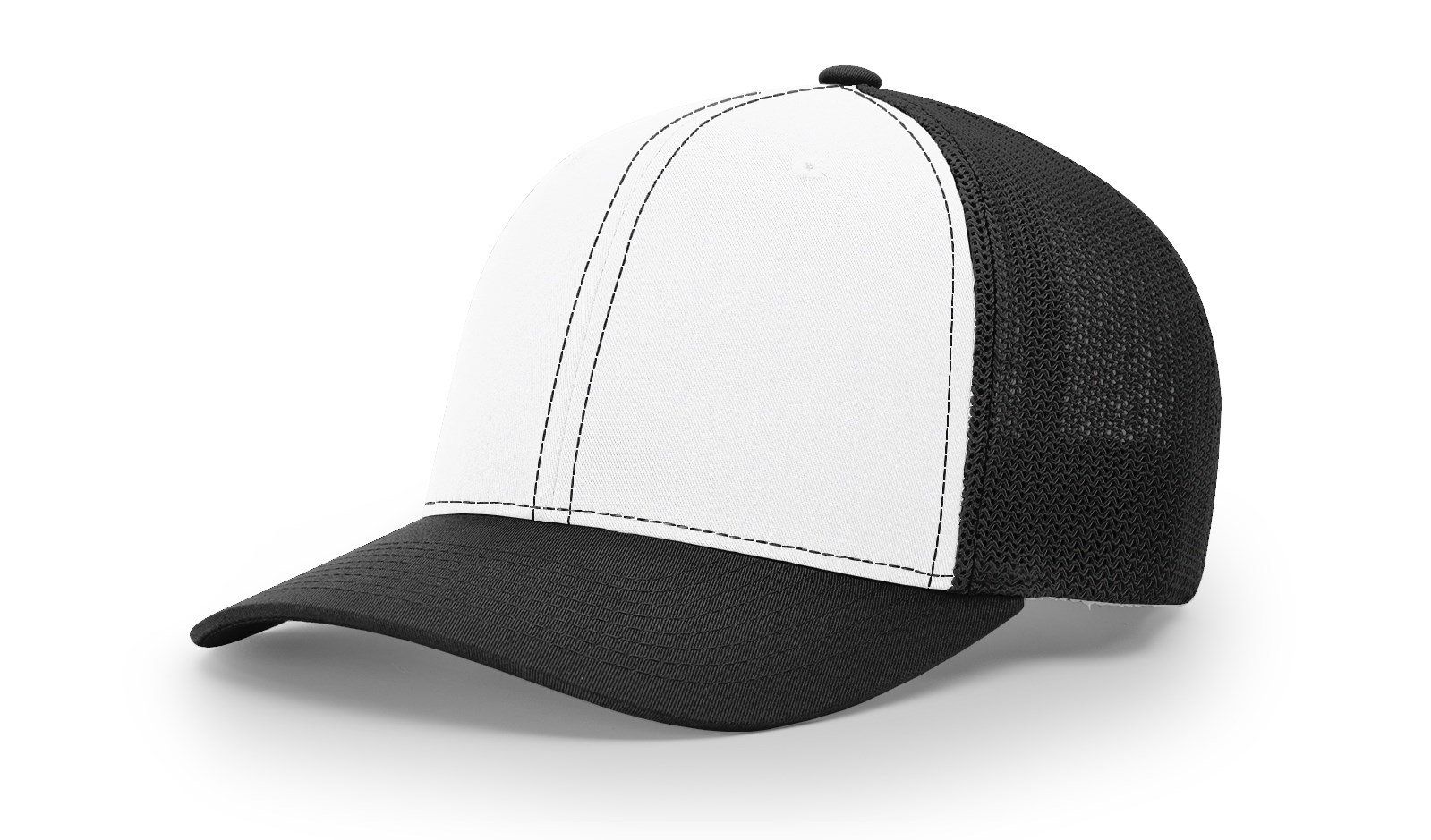 Black and white trucker hat with a mesh back and curved brim.