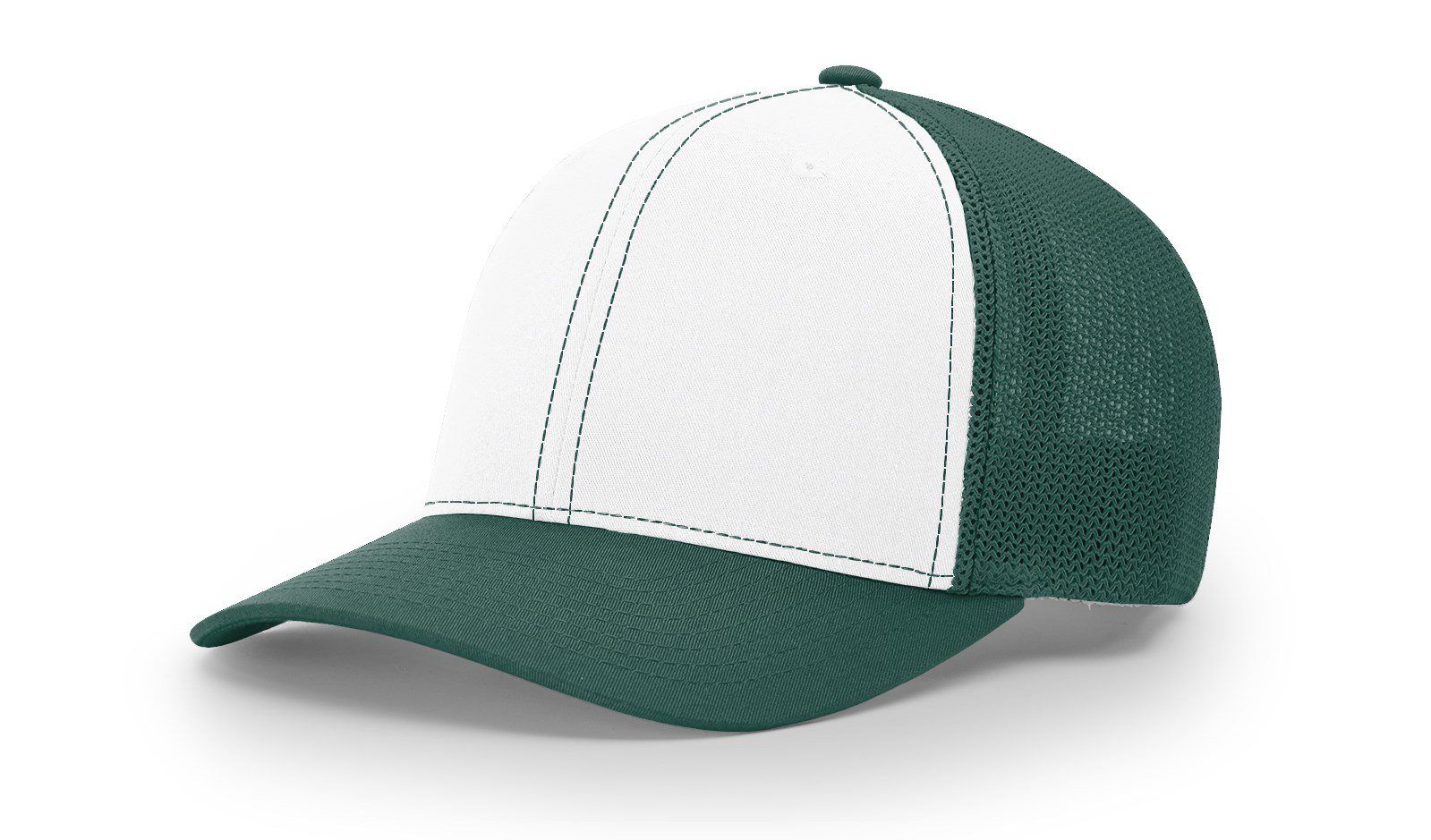 Green and white baseball cap with mesh back and curved brim.