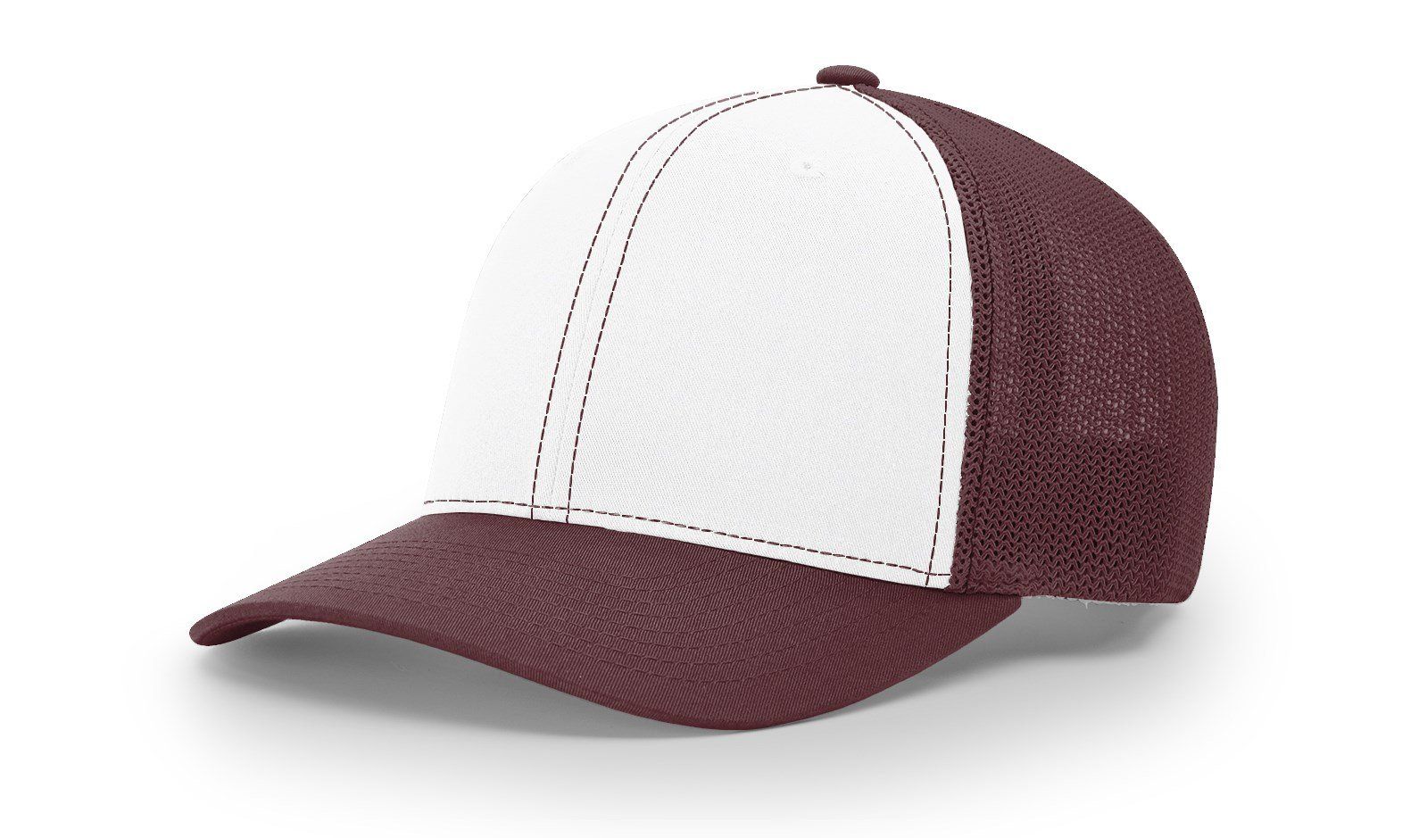 Brown and white baseball cap.