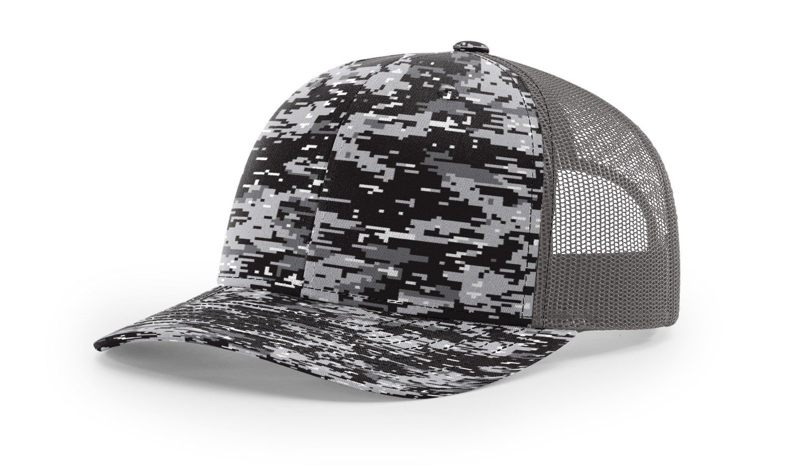 Digital camo trucker hat with a dark gray mesh back.