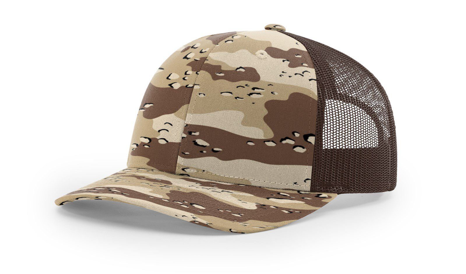 Camouflage patterned trucker hat with a brown mesh back and brim.