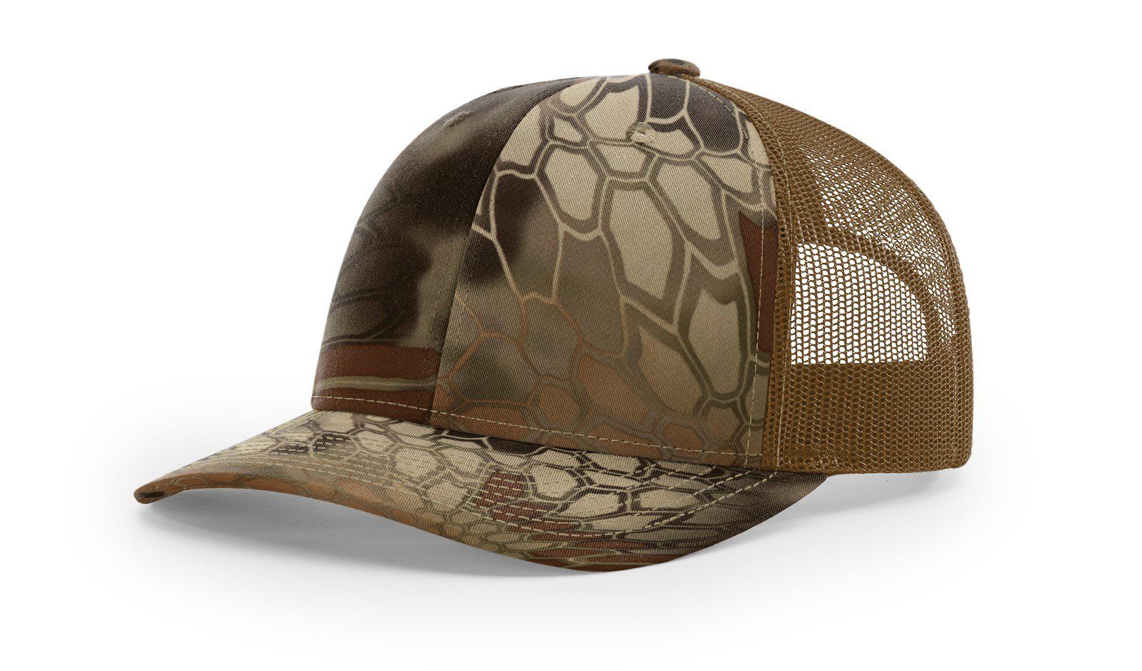 Camouflage baseball cap with brown mesh back.